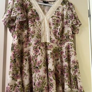 Torrid Pink and Green Floral Blouse with Lace